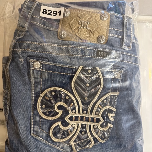 Miss Me Boot Womens 28 Embellished Fleur De Lis  Jeans THICK STITCH WHISKERING - Picture 10 of 10